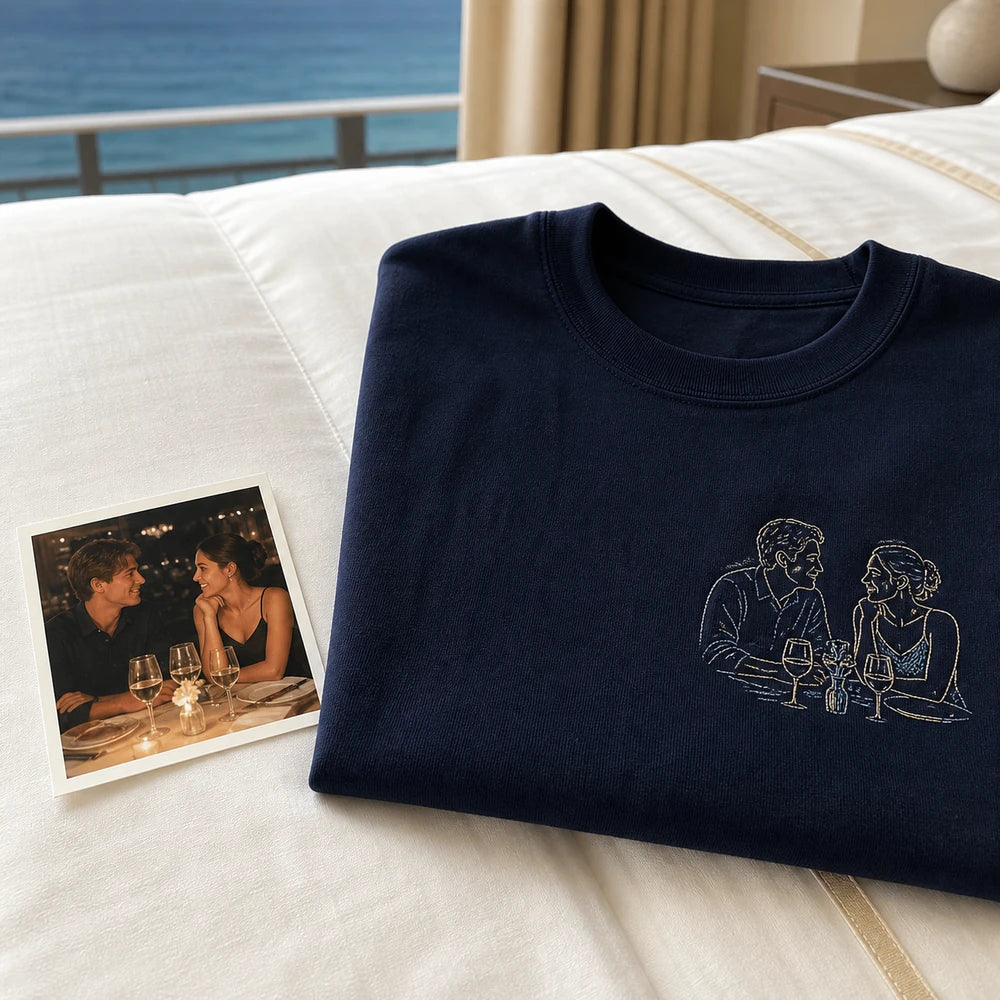 Custom Boyfriend Photo Embroidered T-Shirt source photo and left chest embroidery