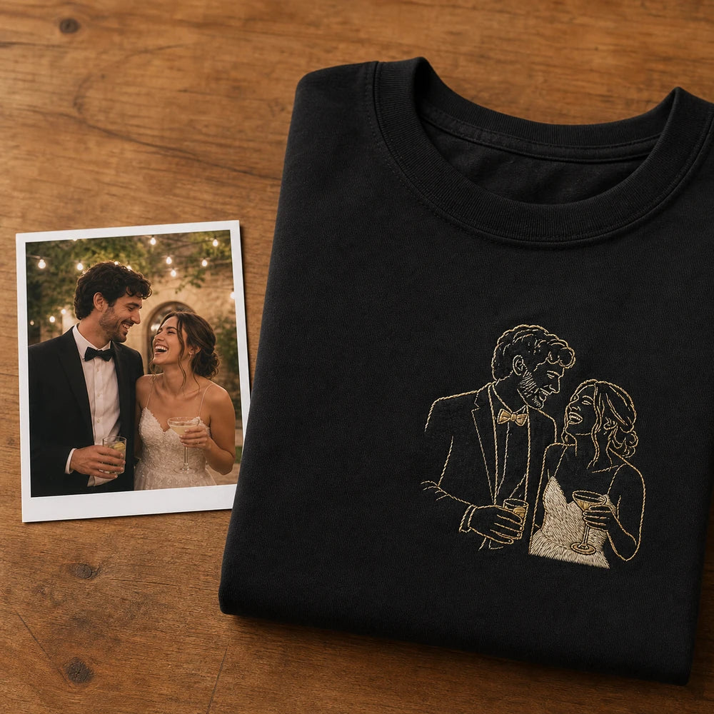 Custom Wife Photo Embroidered T-Shirt source photo and left chest embroidery