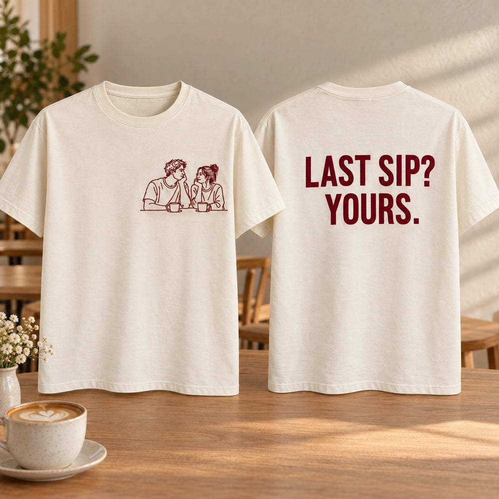 Custom Couple Coffee Date Outline Embroidered T-Shirt with Back Print - Anniversary Gift front and back product overview image showing embroidery and custom printed phrase with custom left chest embroidery based on candid couple sharing coffee at a small cafe table
