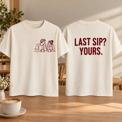Custom Couple Coffee Date Outline Embroidered T-Shirt with Back Print - Anniversary Gift front and back product overview image showing embroidery and custom printed phrase with custom left chest embroidery based on candid couple sharing coffee at a small cafe table