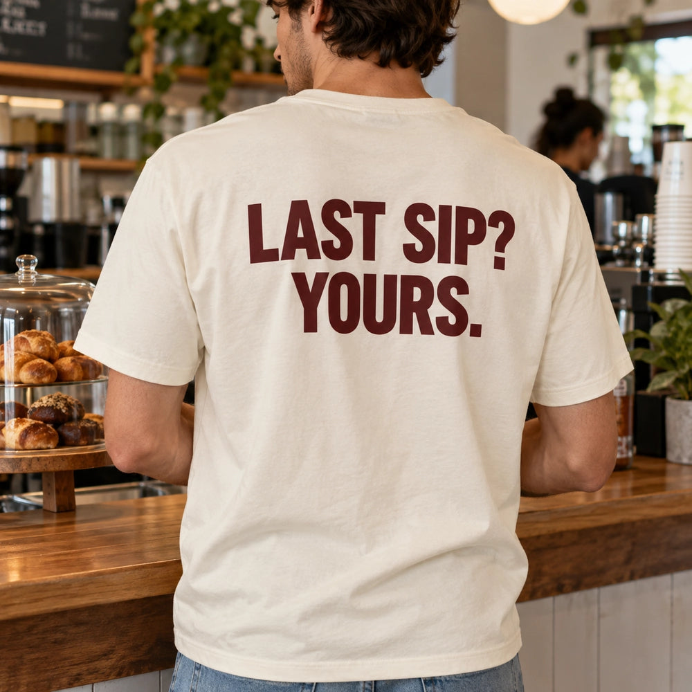 Custom Couple Coffee Date Outline Embroidered T-Shirt with Back Print - Anniversary Gift back worn product image with custom printed phrase with custom left chest embroidery based on candid couple sharing coffee at a small cafe table