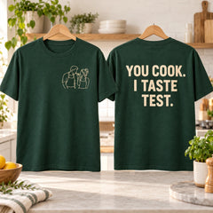 Custom Couple Kitchen Date Outline Embroidered T-Shirt with Back Print - Funny Couple Gift front and back product overview image showing embroidery and custom printed phrase with custom left chest embroidery based on candid couple cooking together in a bright home kitchen
