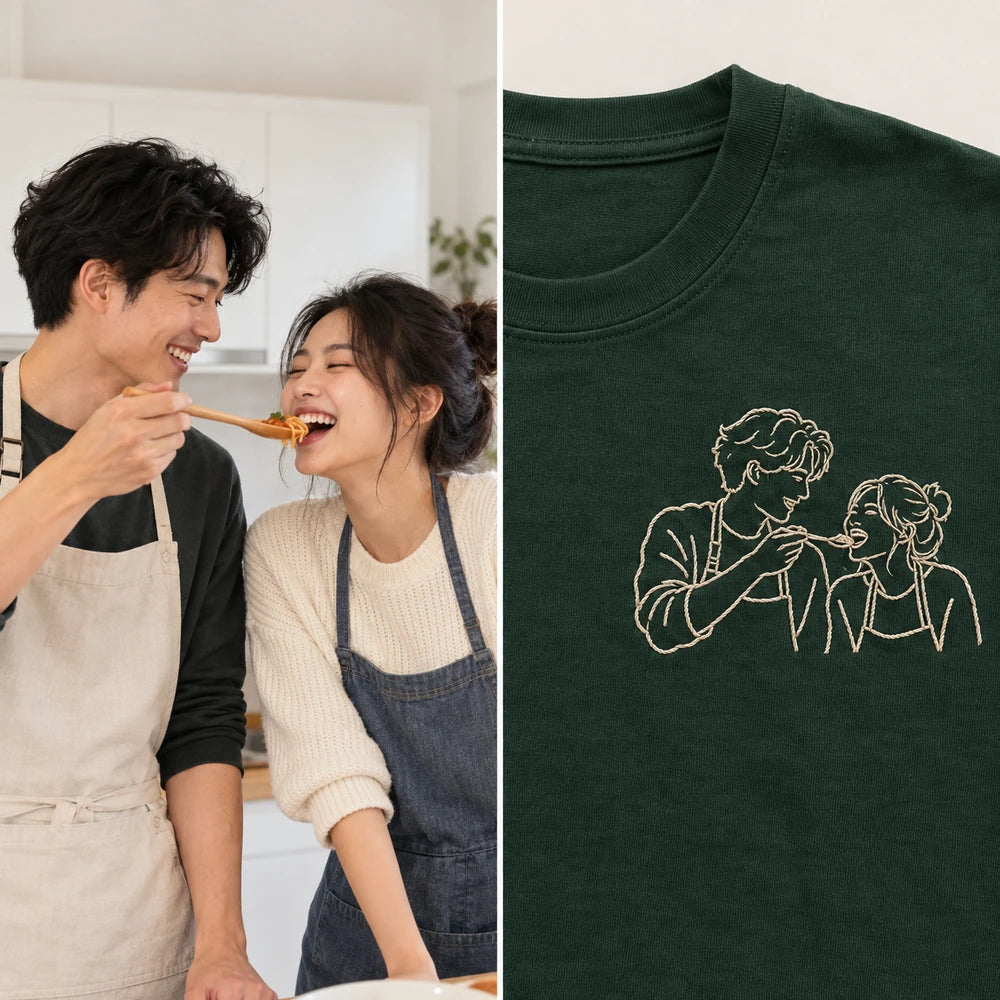 Custom Couple Kitchen Date Outline Embroidered T-Shirt with Back Print - Funny Couple Gift source photo and front embroidery product image with custom left chest embroidery based on candid couple cooking together in a bright home kitchen