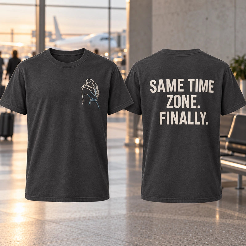 Custom Long Distance Couple Reunion Outline Embroidered T-Shirt with Back Print - Relationship Gift front and back product overview image showing embroidery and custom printed phrase with custom left chest embroidery based on couple embracing at an airport or train station reunion
