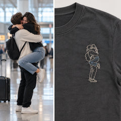 Custom Long Distance Couple Reunion Outline Embroidered T-Shirt with Back Print - Relationship Gift source photo and front embroidery product image with custom left chest embroidery based on couple embracing at an airport or train station reunion