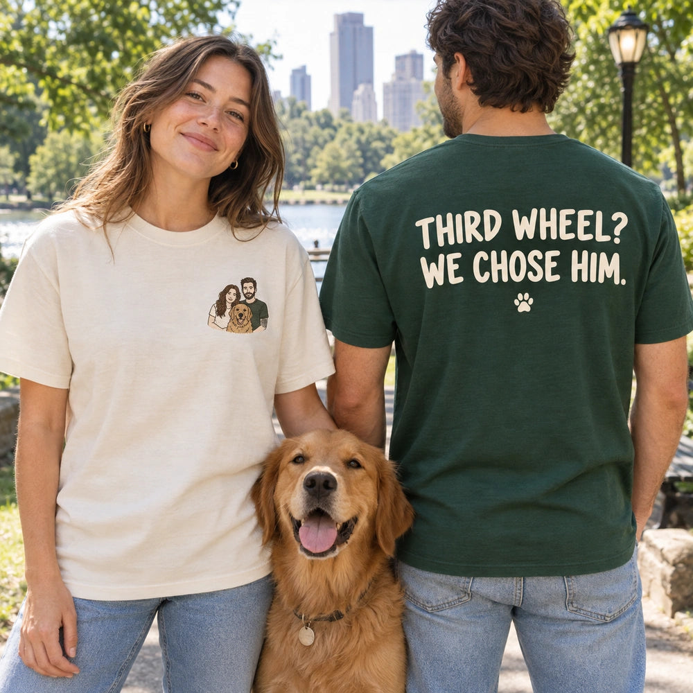 Custom Couple and Dog Embroidered T-Shirt with Back Print - Dog Parent Gift front and back overview