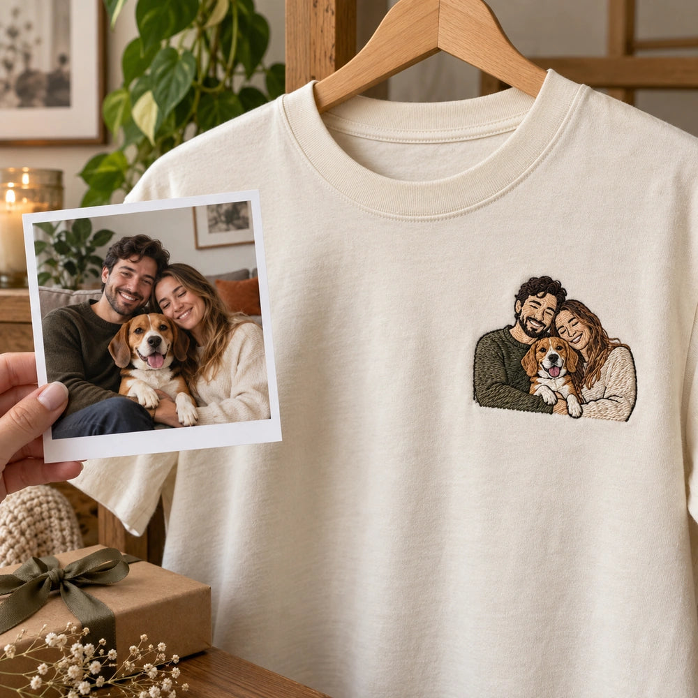 Custom Couple and Dog Embroidered T-Shirt with Back Print - Dog Parent Gift source photo and left chest embroidery