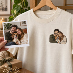 Custom Couple and Dog Embroidered T-Shirt with Back Print - Dog Parent Gift source photo and left chest embroidery