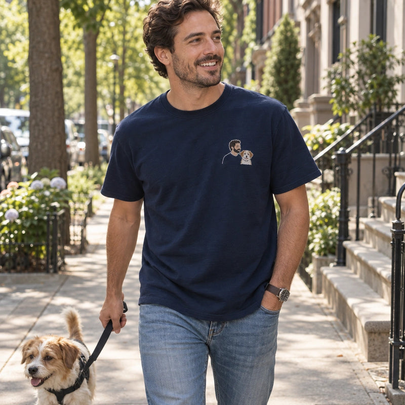 Custom Couple and Dog Embroidered T-Shirt with Back Print - Dog Parent Gift front worn view