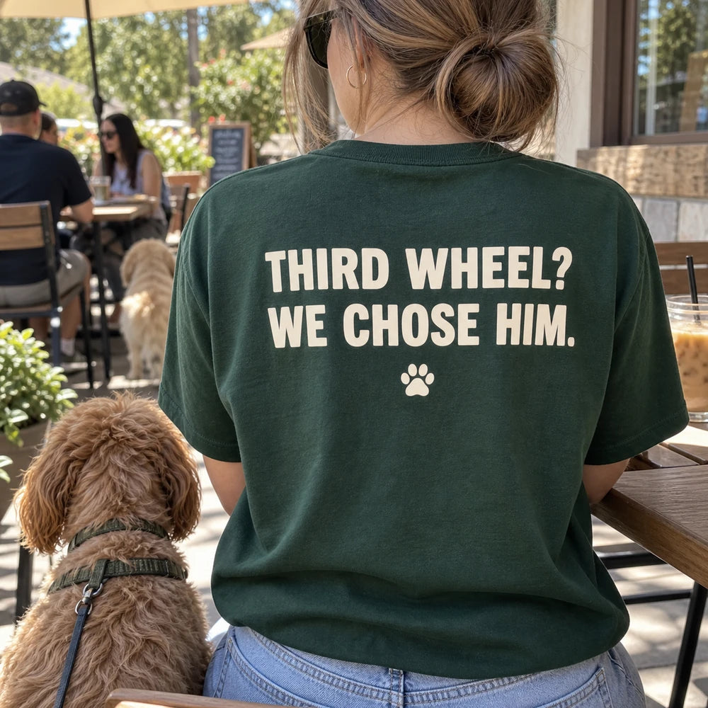 Custom Couple and Dog Embroidered T-Shirt with Back Print - Dog Parent Gift back printed phrase