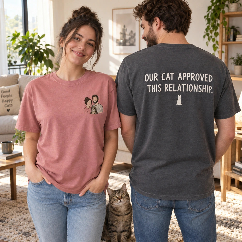 Custom Couple and Cat Embroidered T-Shirt with Back Print - Cat Parent Gift front and back overview