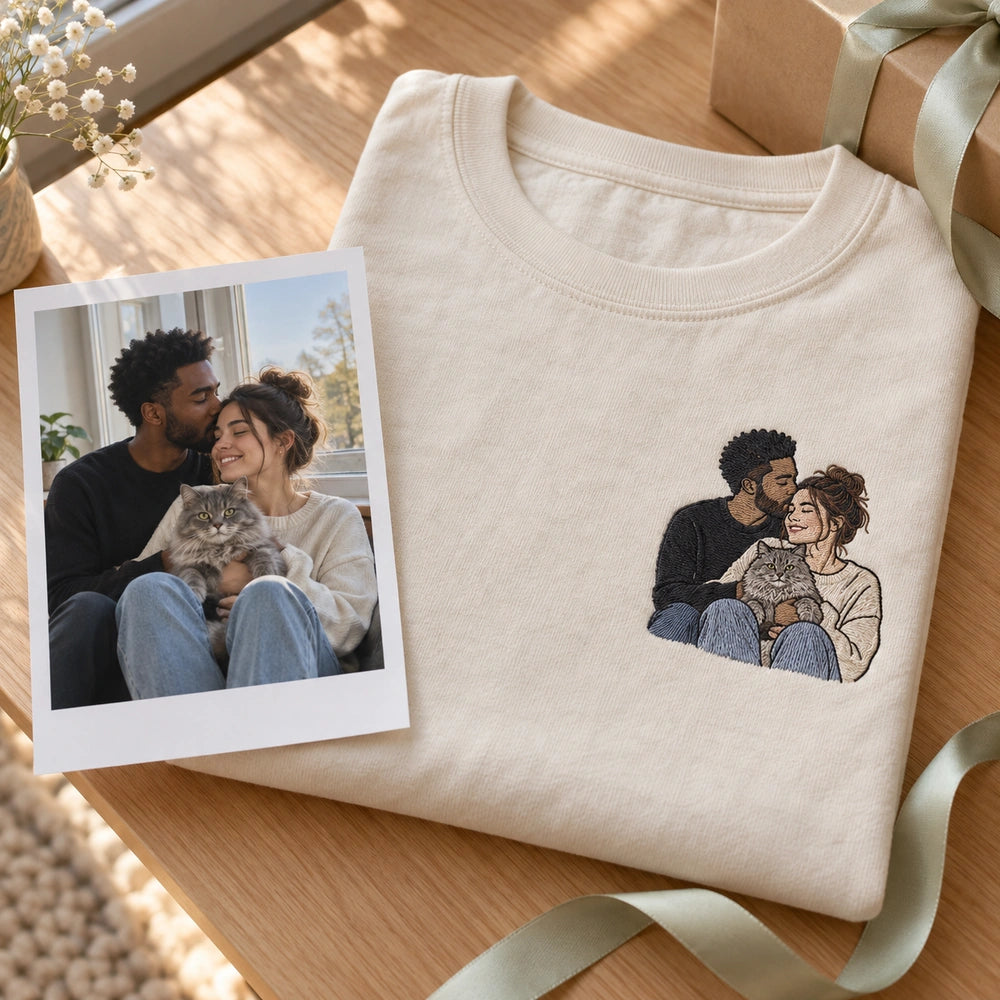 Custom Couple and Cat Embroidered T-Shirt with Back Print - Cat Parent Gift source photo and left chest embroidery