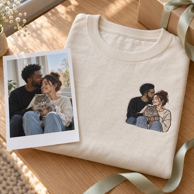Custom Couple and Cat Embroidered T-Shirt with Back Print - Cat Parent Gift source photo and left chest embroidery