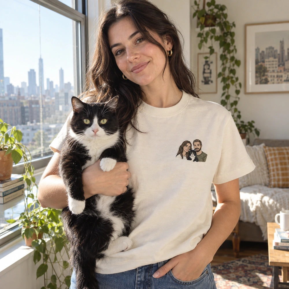 Custom Couple and Cat Embroidered T-Shirt with Back Print - Cat Parent Gift front worn view
