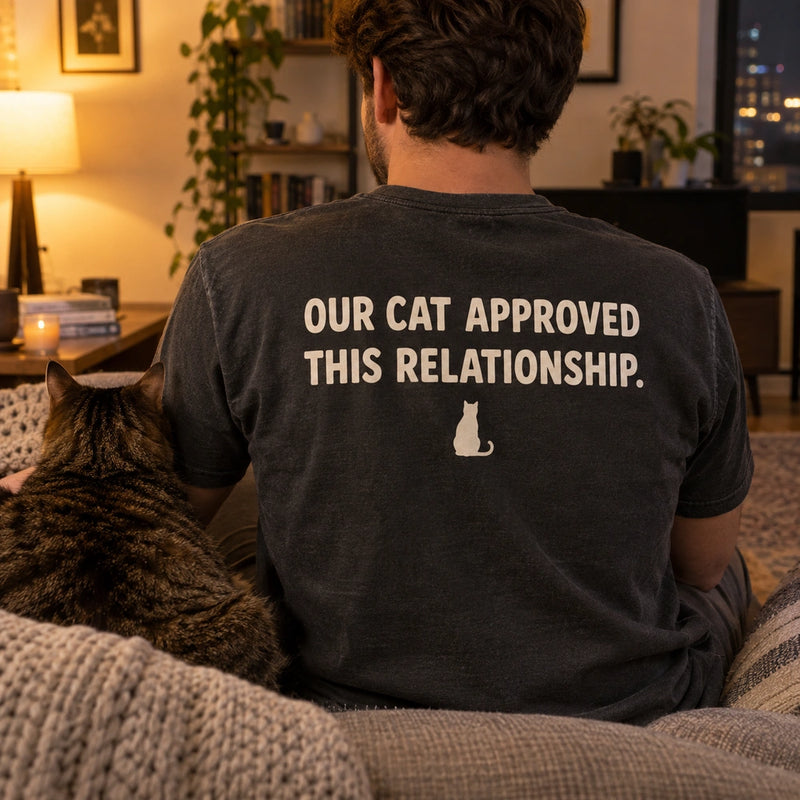 Custom Couple and Cat Embroidered T-Shirt with Back Print - Cat Parent Gift back printed phrase