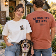 Custom Couple and Pet Embroidered T-Shirt with Back Print - Anniversary Gift front and back overview