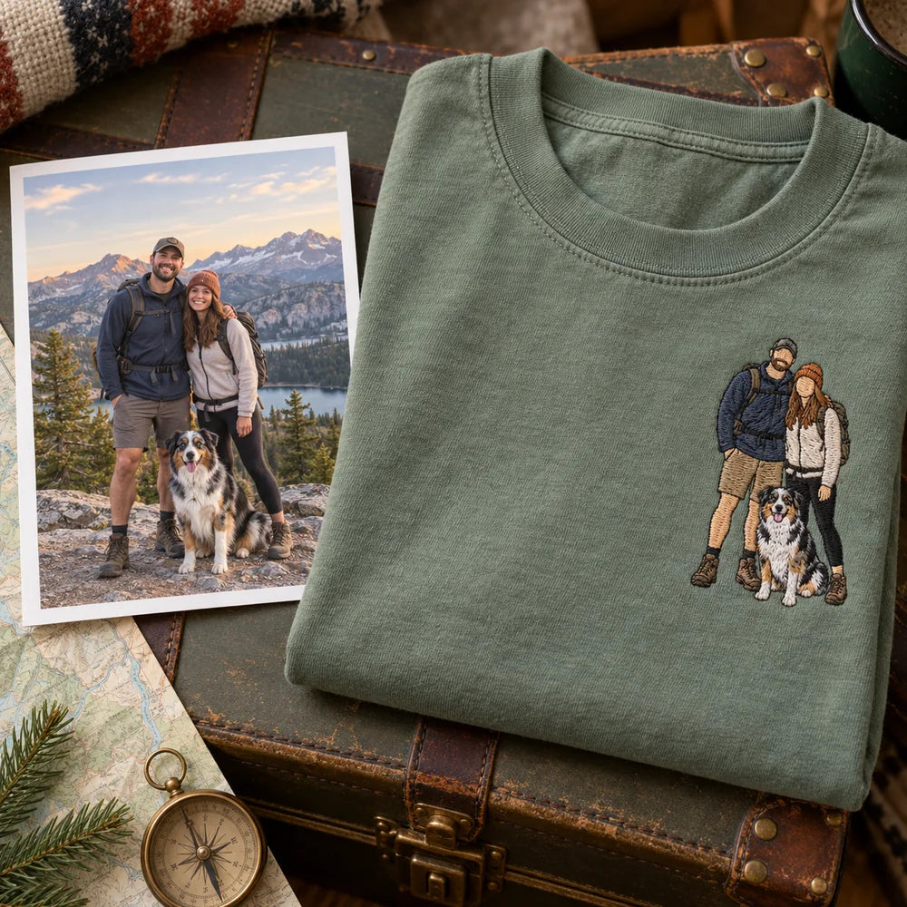 Custom Couple and Pet Embroidered T-Shirt with Back Print - Anniversary Gift source photo and left chest embroidery