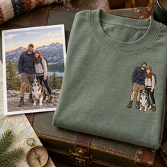 Custom Couple and Pet Embroidered T-Shirt with Back Print - Anniversary Gift source photo and left chest embroidery