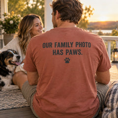Custom Couple and Pet Embroidered T-Shirt with Back Print - Anniversary Gift back printed phrase