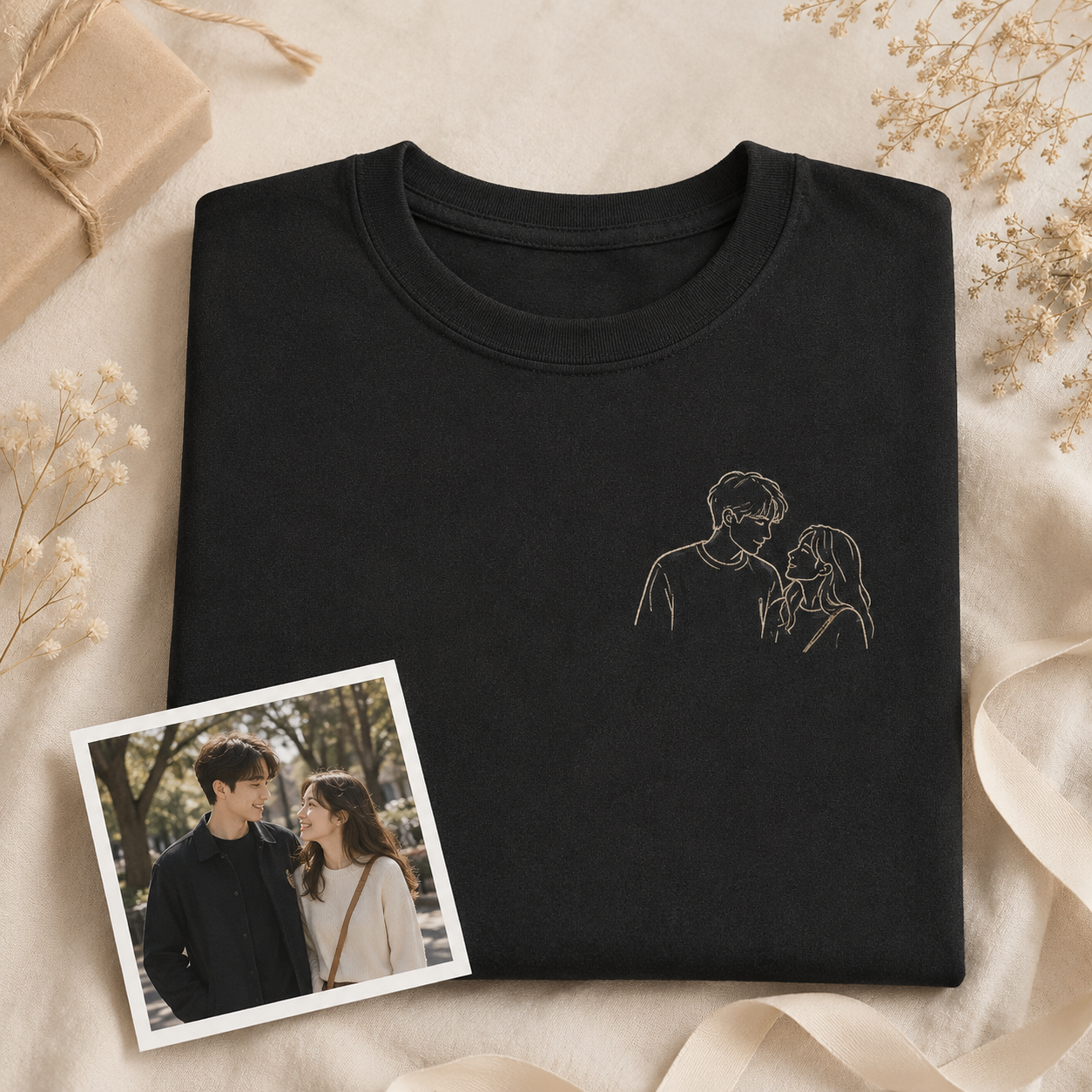 Hoodie with couple photo outline embroidery for romantic Valentine gift