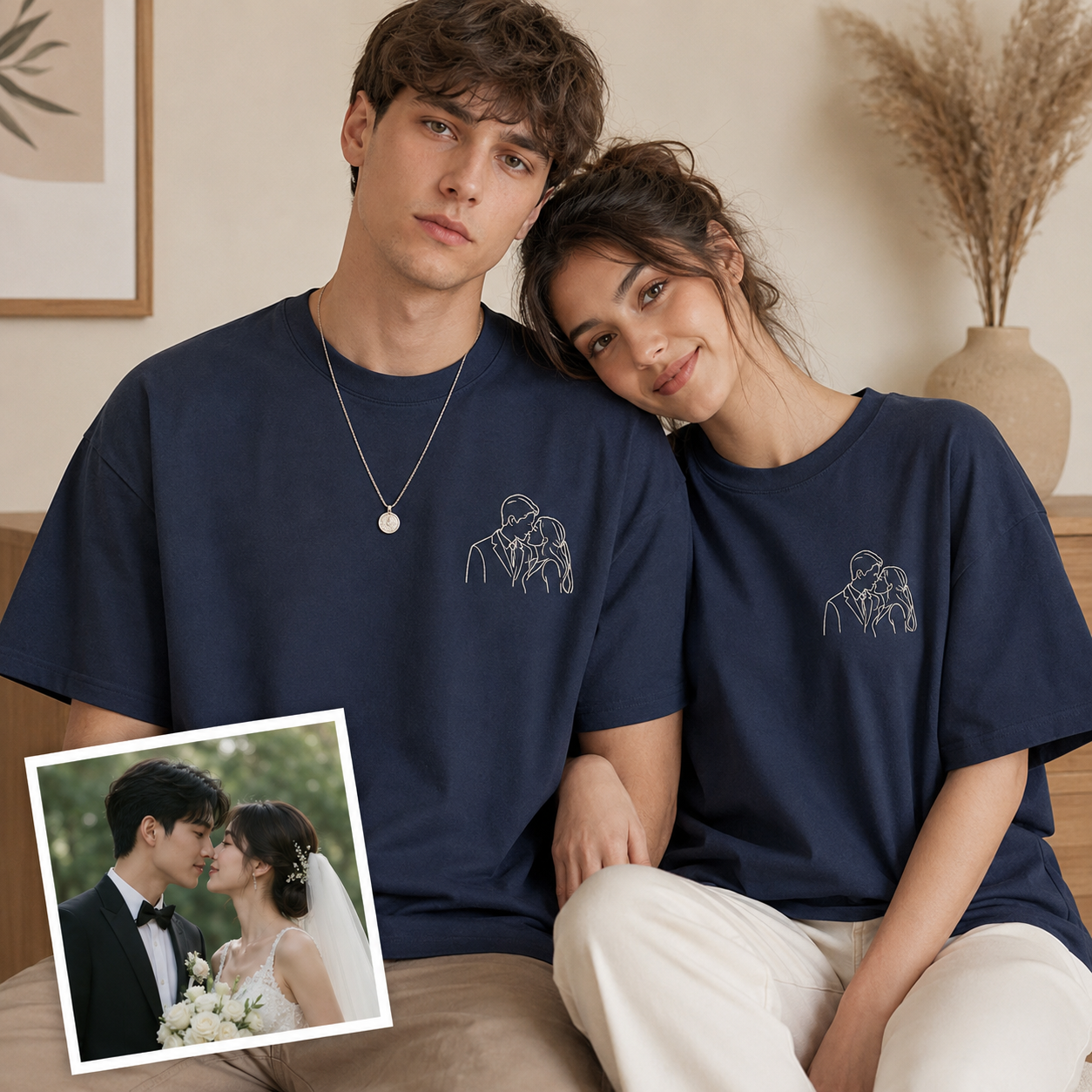 Hoodie with couple photo outline embroidery for romantic Valentine gift