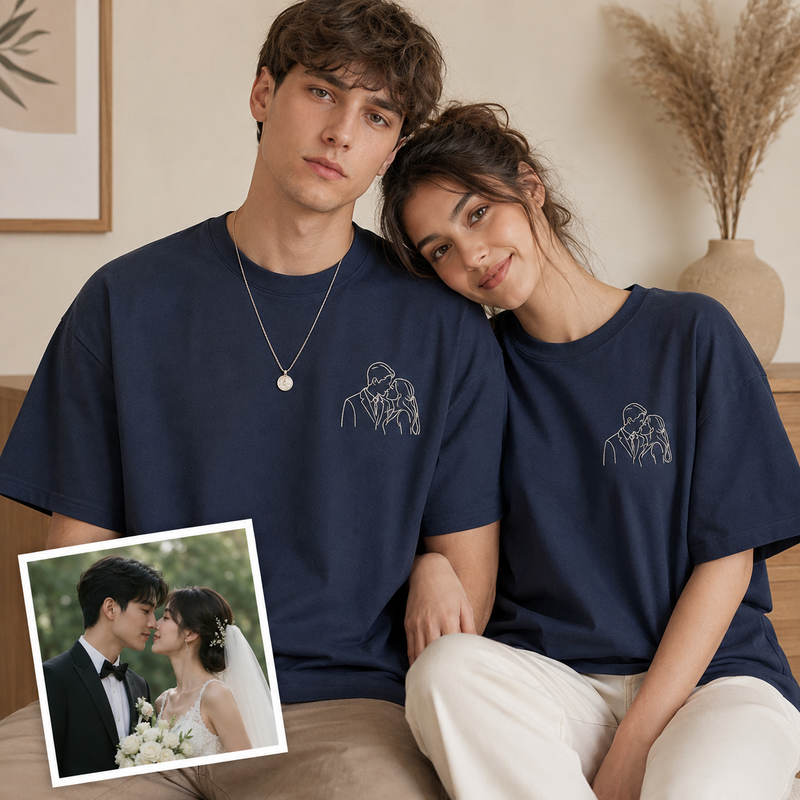 Hoodie with couple photo outline embroidery for romantic Valentine gift