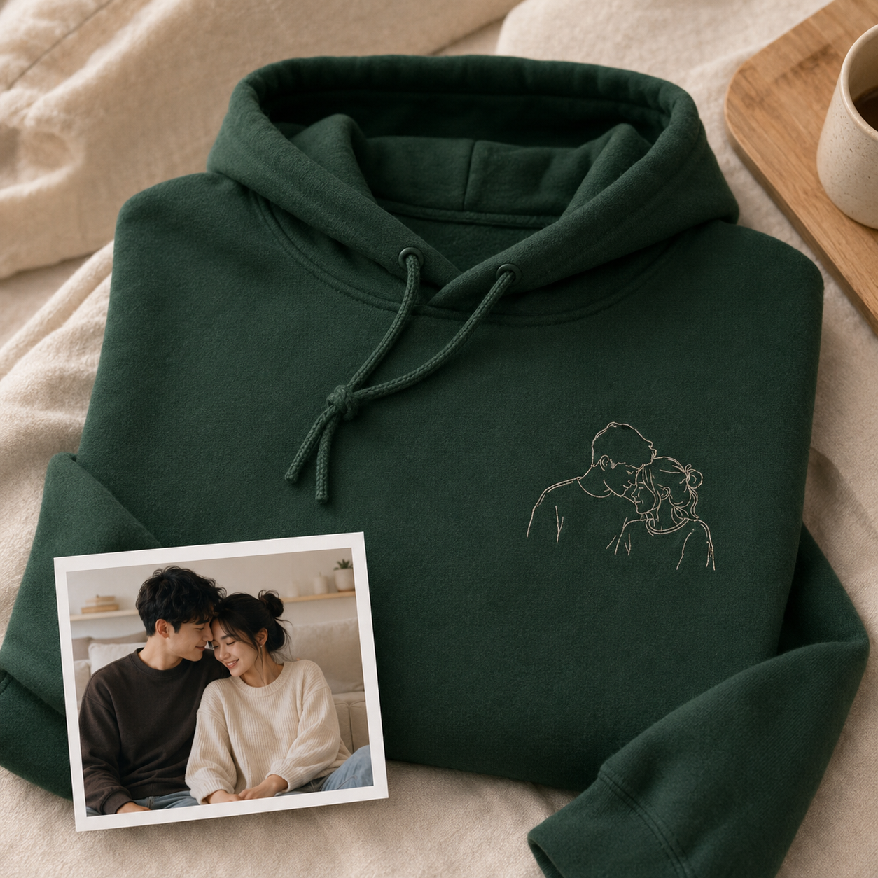 Hoodie with custom couple photo embroidery for wedding or engagement keepsake