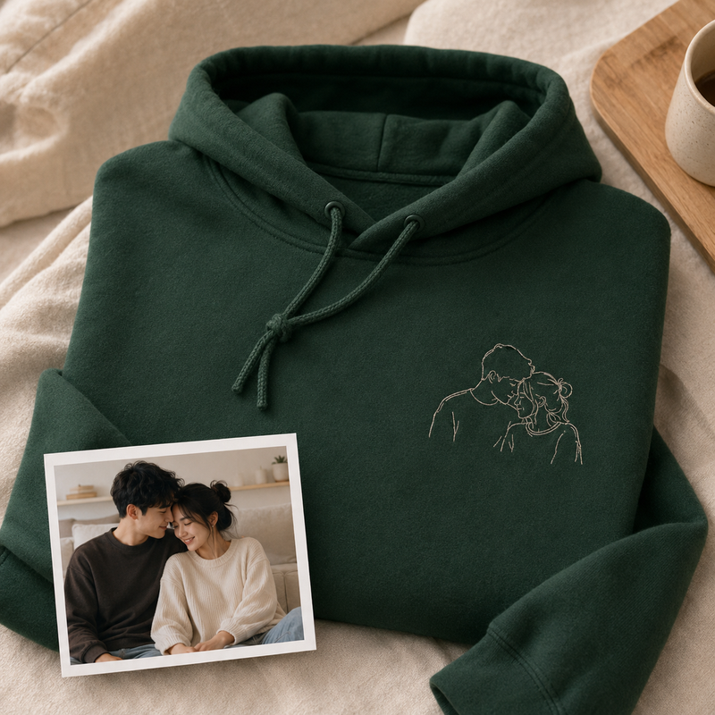 Hoodie with custom couple photo embroidery for wedding or engagement keepsake