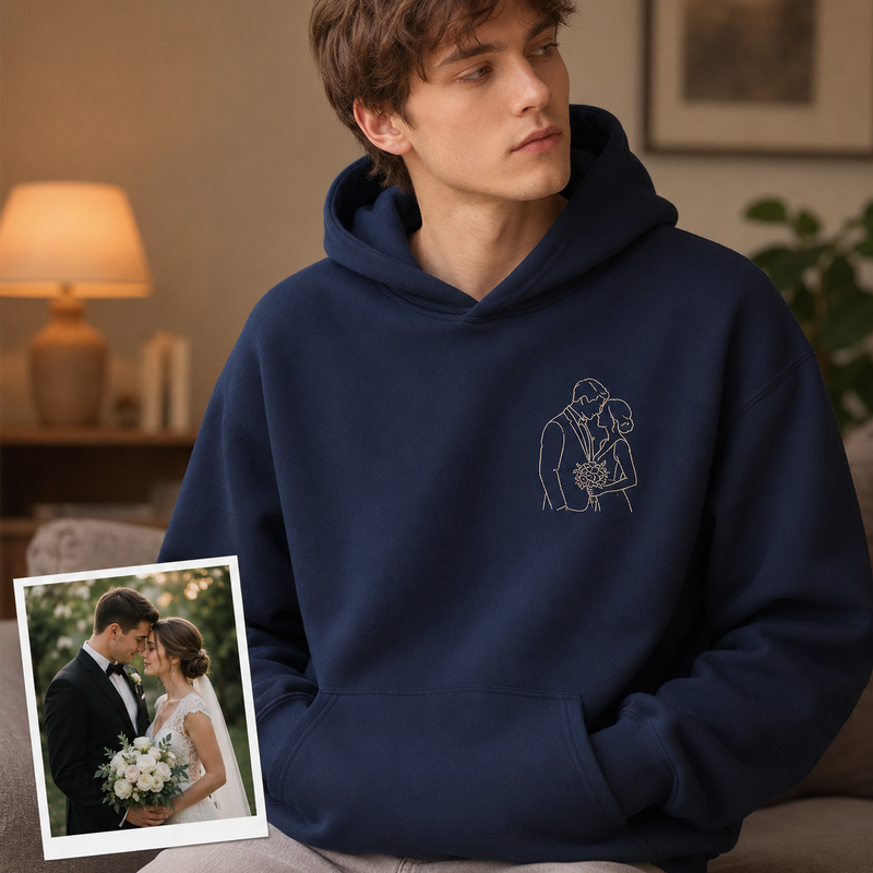 Hoodie with custom couple photo embroidery for wedding or engagement keepsake