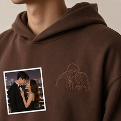 Hoodie with custom couple photo embroidery for wedding or engagement keepsake
