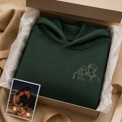 Hoodie with custom couple photo embroidery for wedding or engagement keepsake