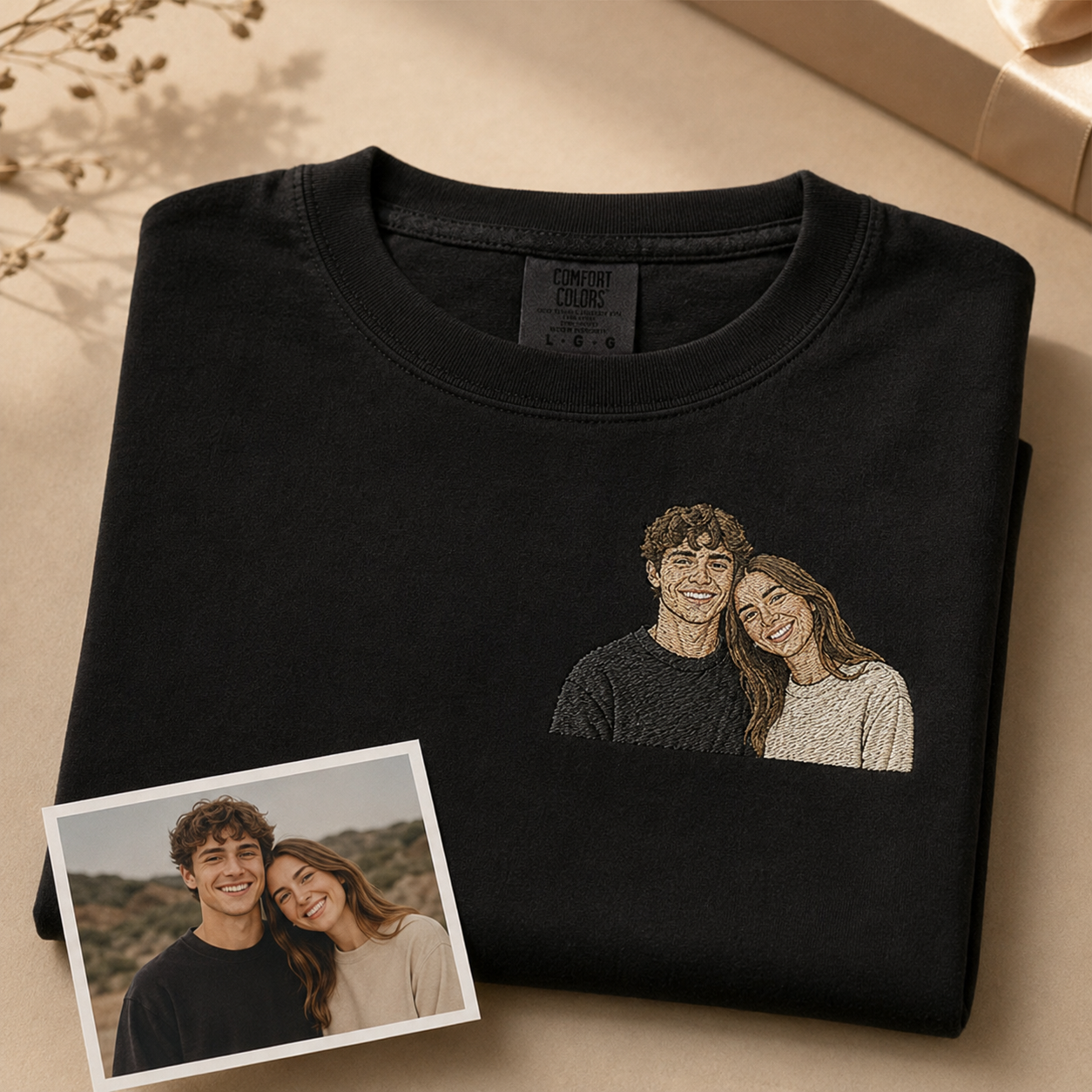 Custom Couple Photo Outline Embroidered Hoodie — Valentine's Day Gift for Partner