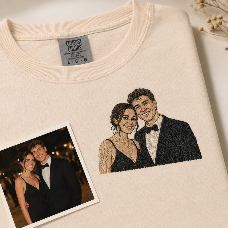 Hoodie with couple photo outline embroidery for romantic Valentine gift