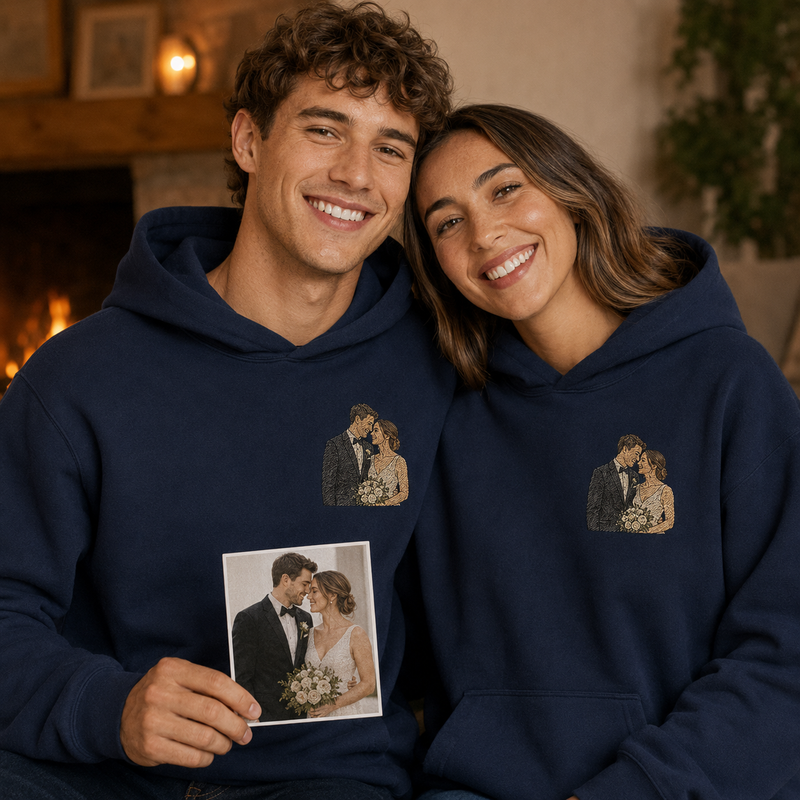 Hoodie with couple photo outline embroidery for romantic Valentine gift