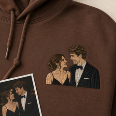 Hoodie with custom couple photo embroidery for wedding or engagement keepsake