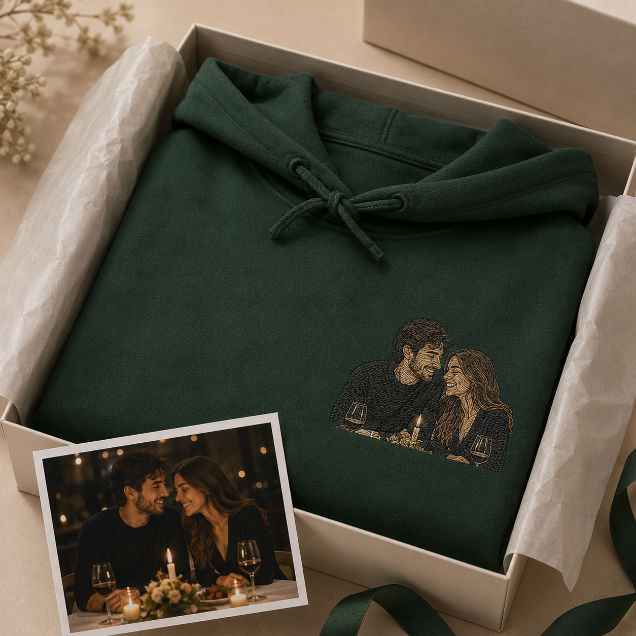 Hoodie with custom couple photo embroidery for wedding or engagement keepsake