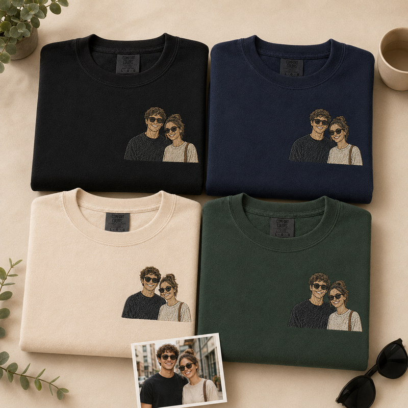 Hoodie with custom couple photo embroidery for wedding or engagement keepsake