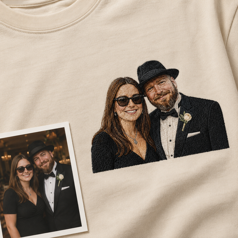 Hoodie with custom couple photo embroidery for wedding or engagement keepsake