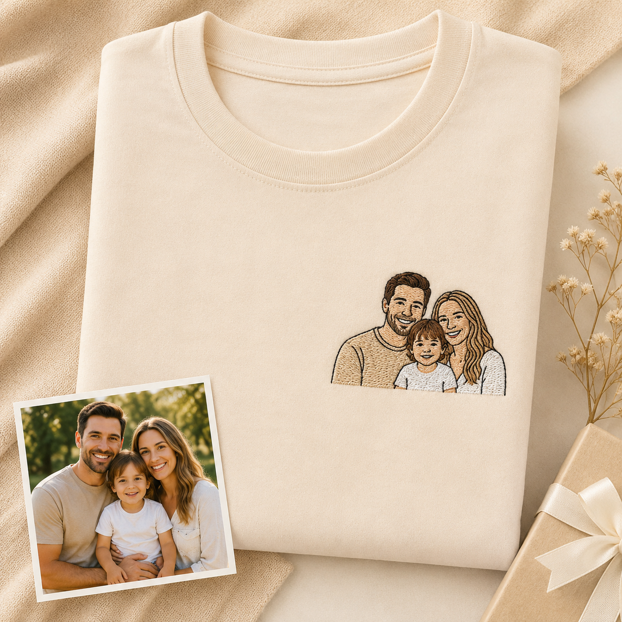 Hoodie or t-shirt with custom family photo outline embroidery for family day gift