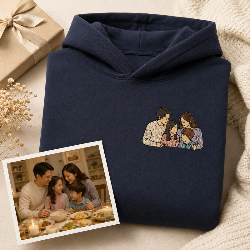 Hoodie with personalized family photo embroidery for meaningful family keepsake gift