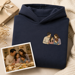 Hoodie with personalized family photo embroidery for meaningful family keepsake gift