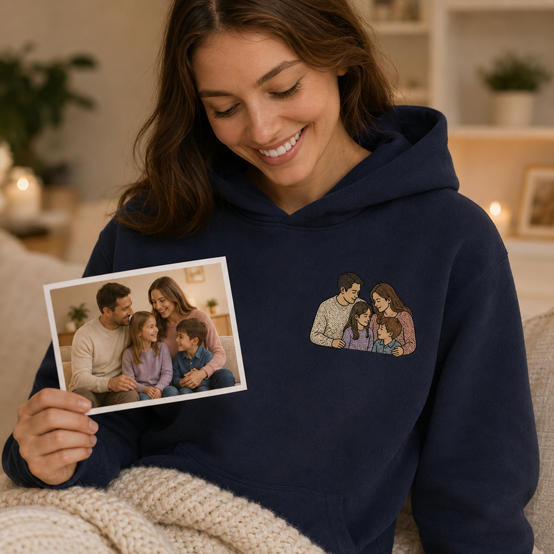 Hoodie with personalized family photo embroidery for meaningful family keepsake gift