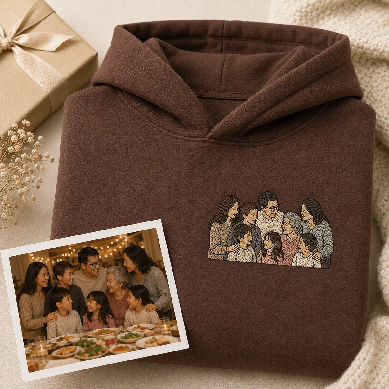 Custom photo outline embroidered hoodie or t-shirt for family day memory gift