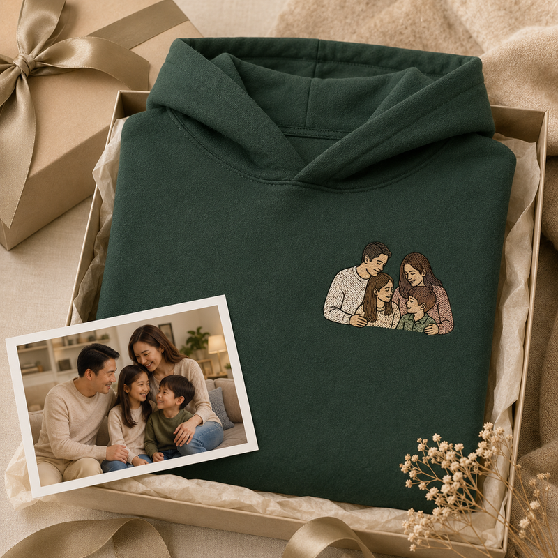 Custom photo outline embroidered hoodie or t-shirt for family day memory gift