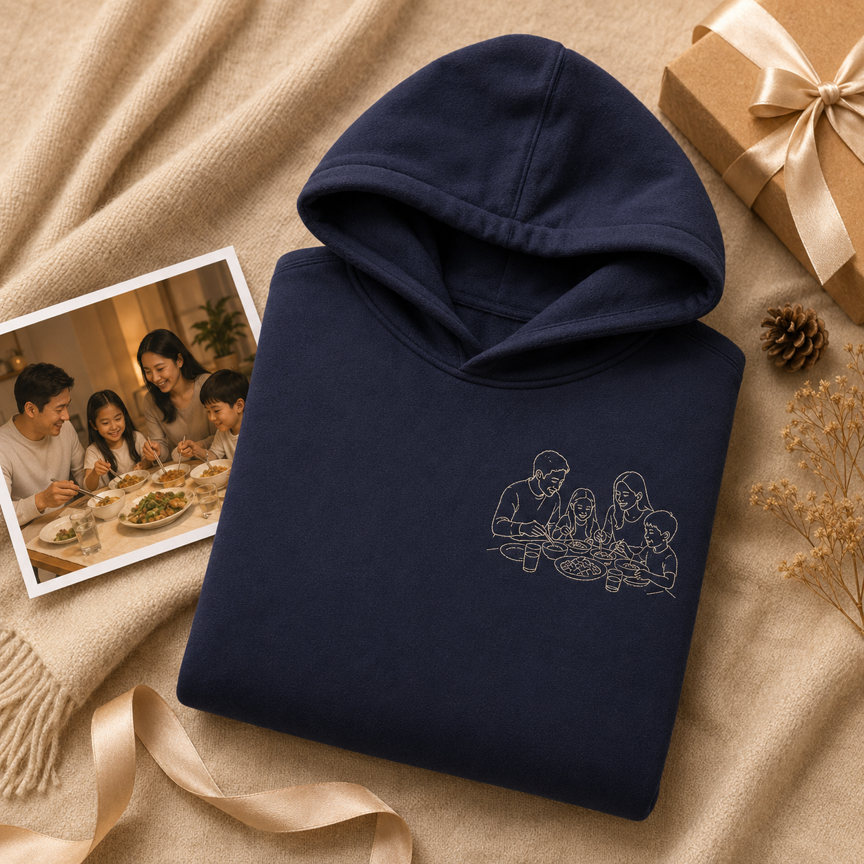 Hoodie with personalized family photo embroidery for meaningful family keepsake gift