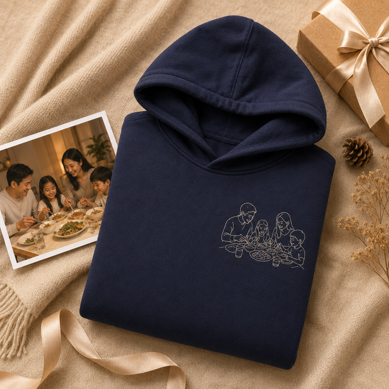 Hoodie with personalized family photo embroidery for meaningful family keepsake gift