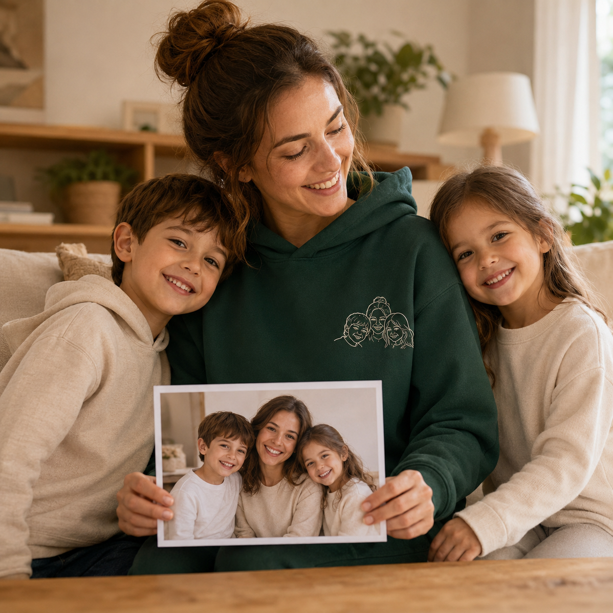 Hoodie with personalized family photo embroidery for meaningful family keepsake gift