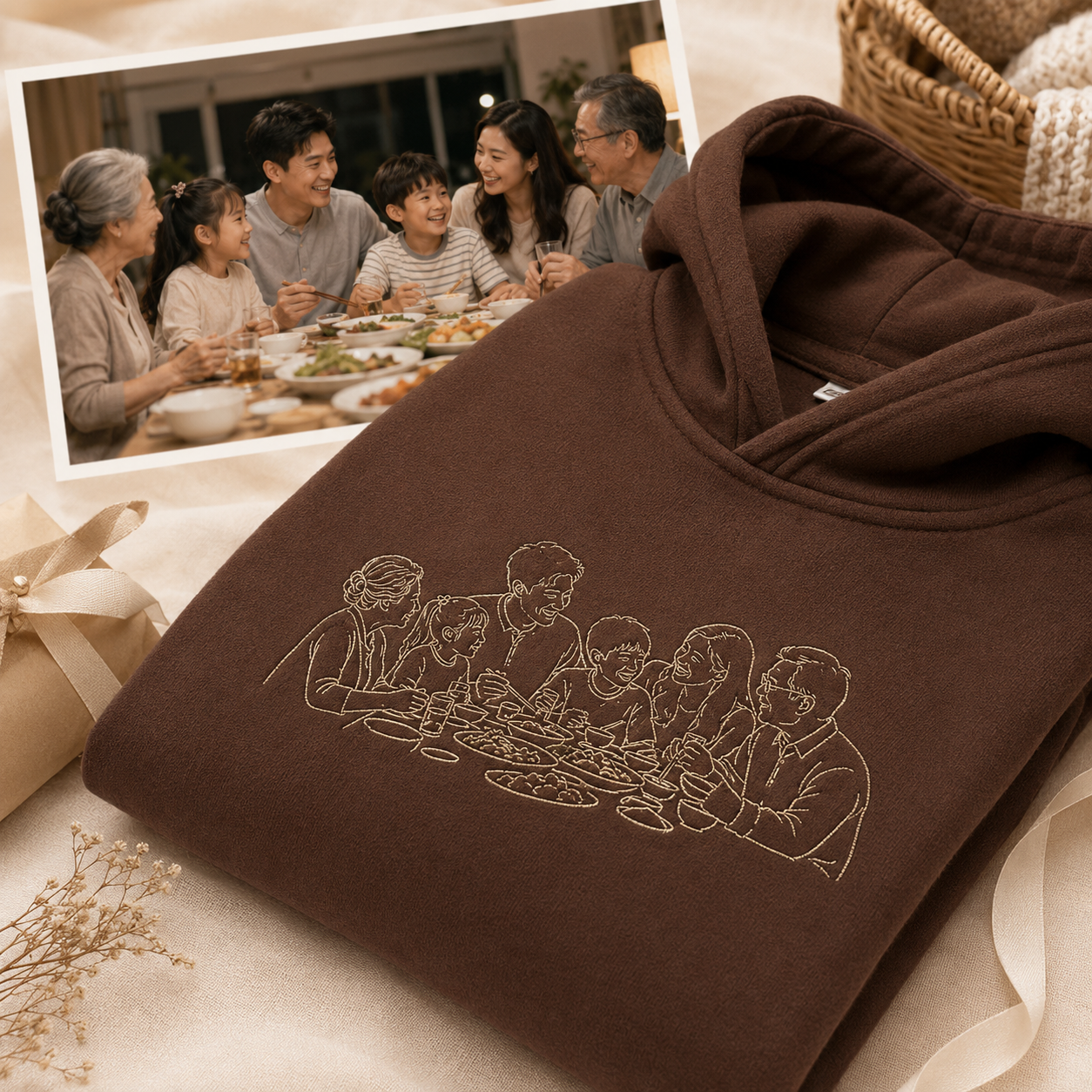 Custom photo outline embroidered hoodie or t-shirt for family day memory gift