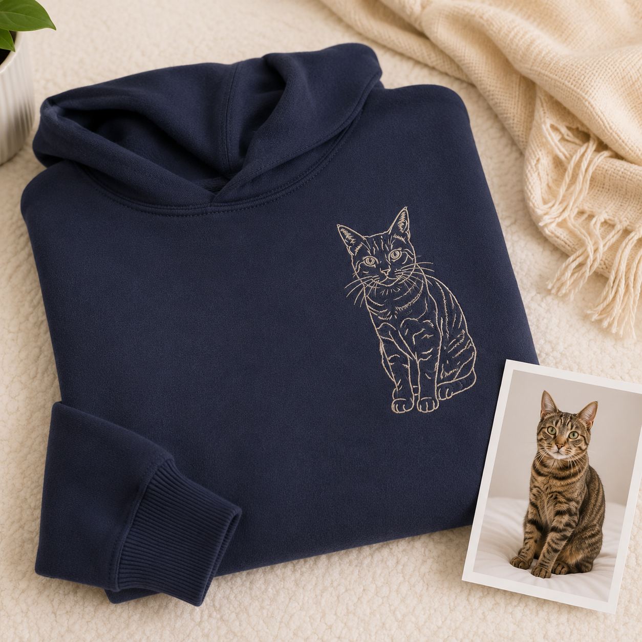 Sweatshirt with custom cat portrait embroidery for personalized cat mom gift