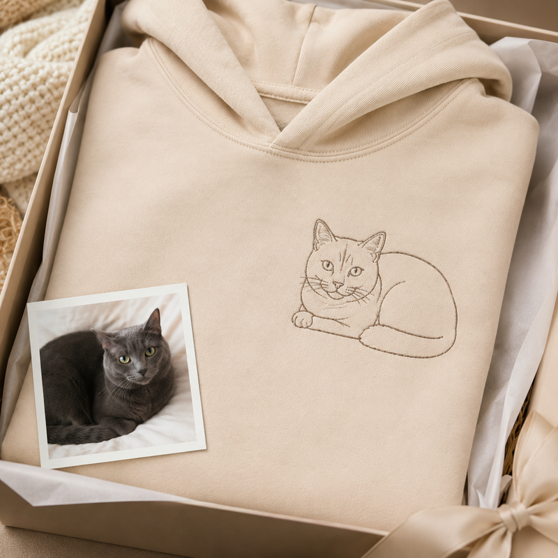 Hoodie with pet memorial portrait embroidery for a meaningful keepsake gift